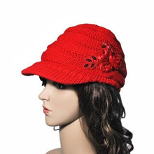 Load image into Gallery viewer, Women's Cable Knit Visor Hat With Flower Accent