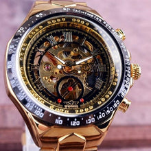 Load image into Gallery viewer, Men's Automatic Skeleton Gold Bezel Watch