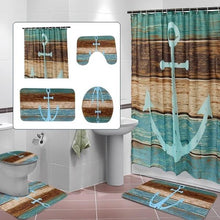 Load image into Gallery viewer, Blue Ship Anchor Print Bathroom Set (Curtain, Mats, Toilet Lid)