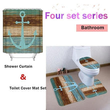 Load image into Gallery viewer, Blue Ship Anchor Print Bathroom Set (Curtain, Mats, Toilet Lid)