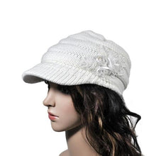 Load image into Gallery viewer, Women's Cable Knit Visor Hat With Flower Accent
