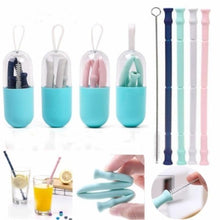 Load image into Gallery viewer, Reusable Drinking Straw Folding Silicone Drinking Straws with Cleaning Brush Party Bar Drinking Accessories
