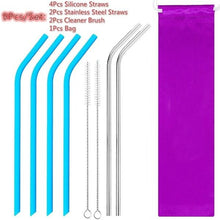 Load image into Gallery viewer, 6Pcs/9Pcs/1/Set Reusable Silicone Straws + Stainless Steel Metal Straws + Cleaner Brush + Bag for Tumblers Rumblers Cold Beverage
