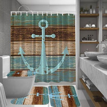 Load image into Gallery viewer, Blue Ship Anchor Print Bathroom Set (Curtain, Mats, Toilet Lid)
