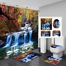 Load image into Gallery viewer, 4Pcs/Set Swans Flowers Cascade Waterproof Shower Curtain Anti-slip Bath Mats Carpets Pedestal Rugs Toilet Seat Cover Bathroom Set
